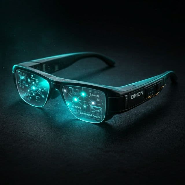 Orion AR Glasses — transparent minimal frame with embedded Orion mark